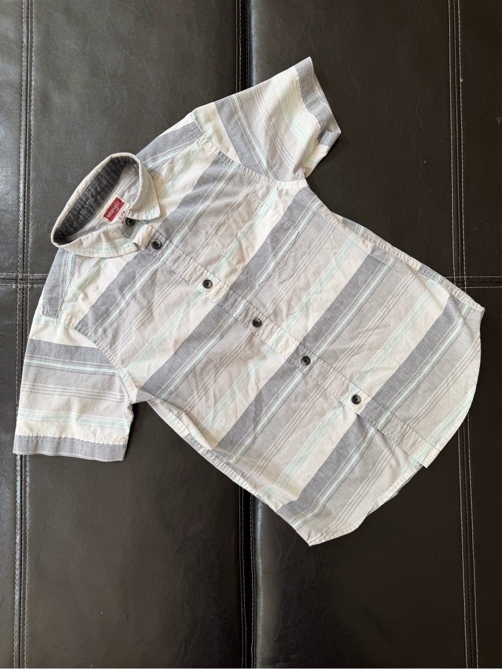 Wrangler - Boy’s Short Sleeve Striped Button-Up in Light Blue, Gray & White